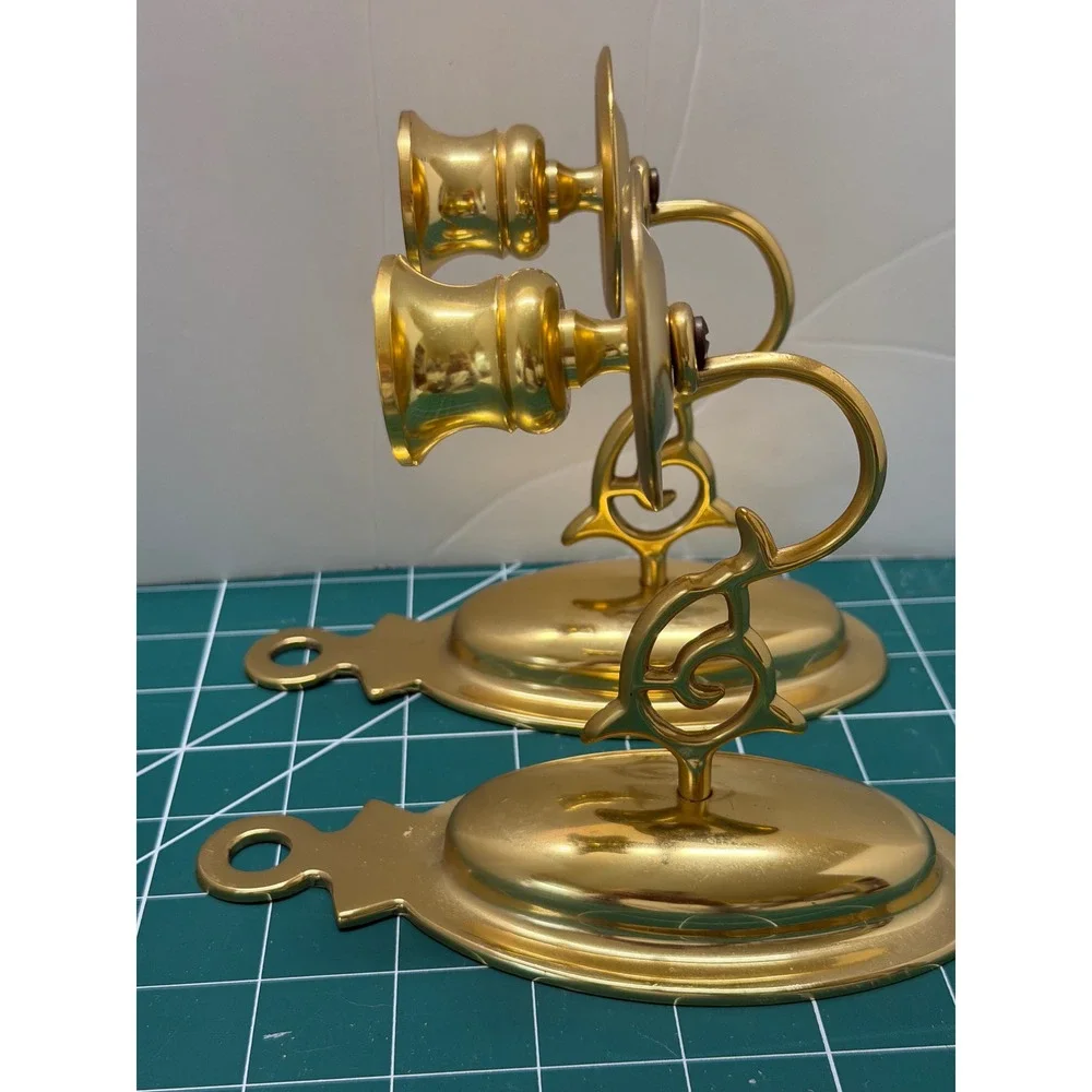 Vintage Solid Brass Wall Sconce‎ Candle Holders Pair Oval Polished Gold Tone 7